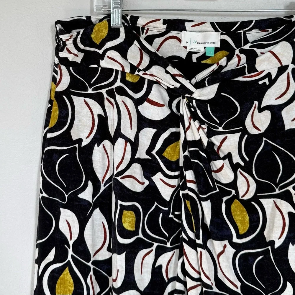 ANTHROPOLOGIE 2X Sheila Leaf Print Navy Cream Twist Sarong Midi Skirt